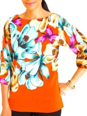Chico's Tropical Iris-Print Bateau-Neck Blouse Orange & Blue Floral Print Size M